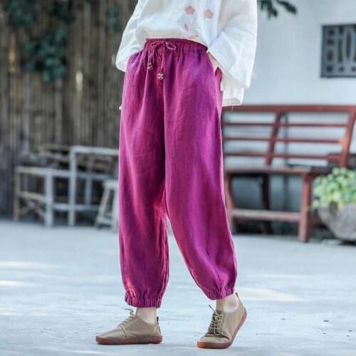 Women Spring Summer Linen Pants Ladies Solid Color Vintage Elastic Waist Harem Trousers Female 2021 New Pants