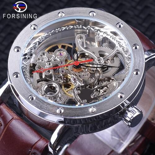 Forsining New Skeleton Waches Male Brown Genuine Leather Band Water resistant Automatic Watches for Men Top Brand Luxury Clock