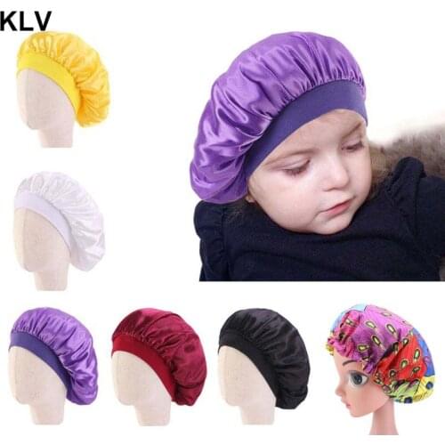 Kids Faux Silky Bonnet Cap Solid Color Turban Chemo Hat girls Wide Elastic Band Solid Night Sleep 3-8 Years