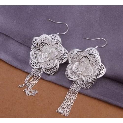 Elegant Hollow flower women cute popular beautiful Silver color charm Earring Jewelry free shipping big earrings E275