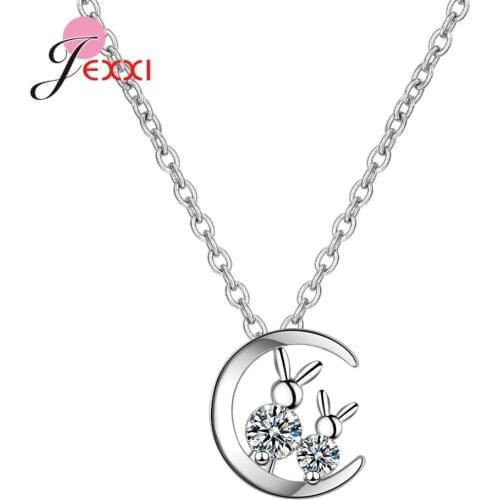 Good Quality Bright Crystal Cubic Zirconia Moon Rabbit Temperament 925 Sterling Silver Pendant Necklace Womens Fashion Jewelry