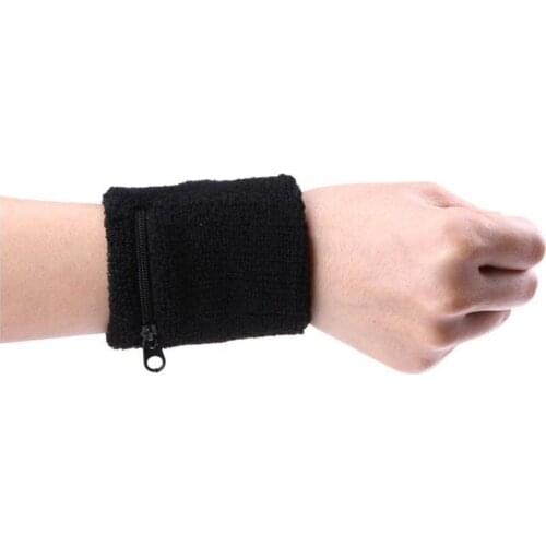 Pack of 3 Sports Thick Solid Color Wristband with Zipper/Wrist Wallet (Black) - Comfortable & Performance