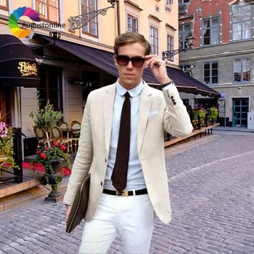 Custom Made Beige Linen Costume Homme Men Suits Wedding Slim Fit Groom Tuxedo Groomsmen 2Piece Jacket Pants Man Blazer Masculino