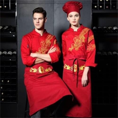 Summer Hotel Restaurant Chef Work Clothes Embroidery Totem Chinese Characters "Chinese Food" Mens Black and White Chef Uniforms