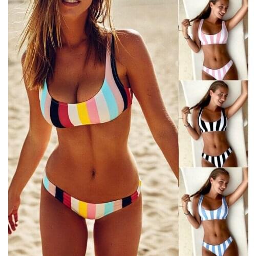 Hot Multi Color Striped Bikini 2020 Swimwear Women Ladies Summer High Waist Bandage Bikinis Push-up Padded Swimsuit Bathing Suit
