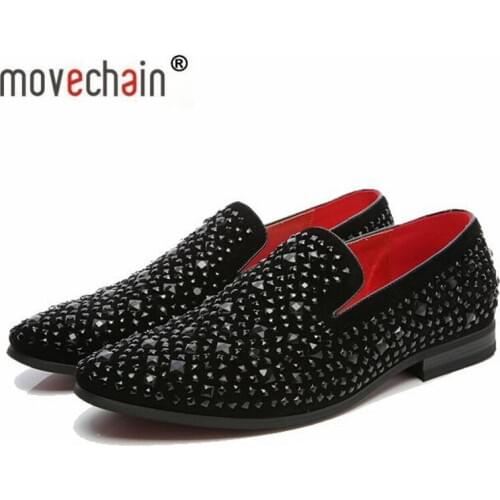 Movechain Fashion Mens Brand Suede Leather Loafers Mens Casual Rhinestone Rivets Moccasins Shoes Man Party Driving Flats