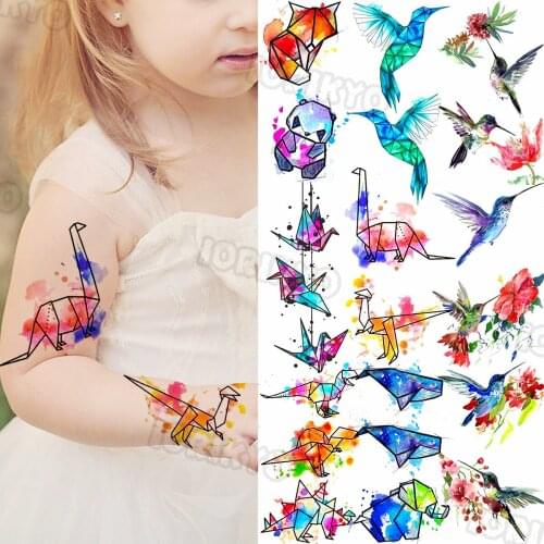 Cartoon Watercolor Dinosaur Small Temporary Tattoos For Kids Girls Hummingbird Panda Fake Tattoo Sticker Arm Body Tatoos Dino