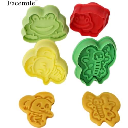 Facemile 4PCS Frog Hippo Bees Animals Series Cartoon Baking Tools Fondant Cutter cookies cutter Embosser Tool Set Mold 03068