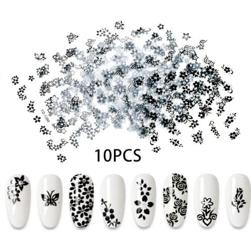 New 10 Sheets 3D Nail Sticker Transparent Bottom black Flower Leaf Butterfly Series Nail Sticker Decoration