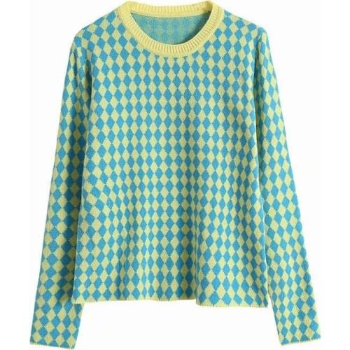 2020 New Fashion Brand Women Sweater Computer Knitted Casual Pullovers O-neck Full Plaid Polyester Leonyeetive Standard Regular