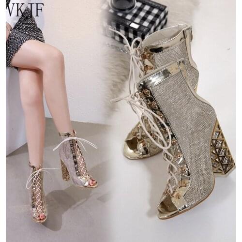 2021 New Summer Sandal Sexy Golden Gladiator Sandals Women Pumps Shoes Lace-Up High Heels Sandals