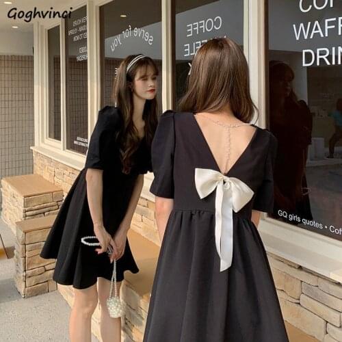Backless Bow Dress Women French Style Temperament Puff Sleeve Elegant Sweet Slim Sexy Vestido Mujer Girl Gentle Ulzzang Stylish