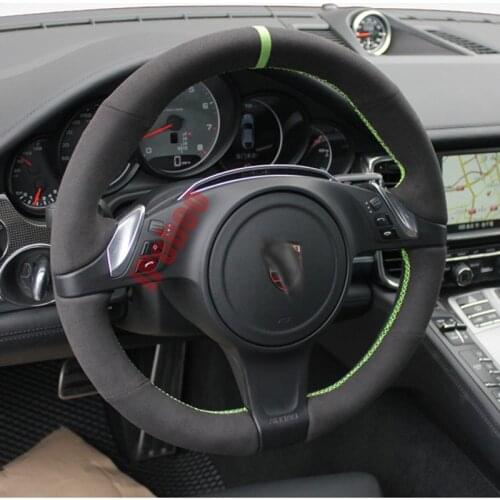 All Black Suede Leather Green Center Strip Steering Wheel Green Stitch on Wrap Cover Fit For Porsche Cayenne Panamera 2010-2012