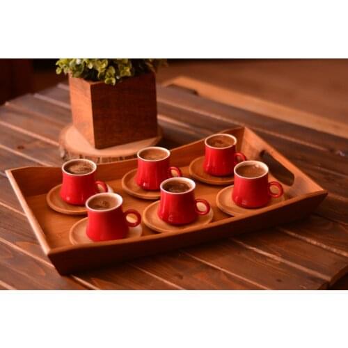 Harem of 6 Coffee Cups Red / Blue / Ruby | Bamboo Saucer | Porcelain Cups | Home-kitchen | Made in Turkey