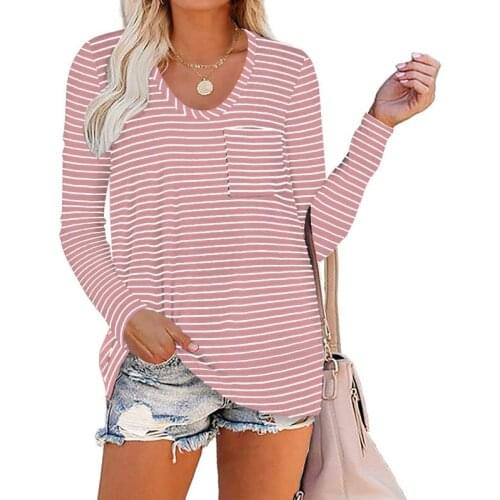 Women Striped Cotton Tshirt Casual Long Sleeve Chest Pocket Round Neck Top For Womens V-Neck Female Autumn New Clothing 2021