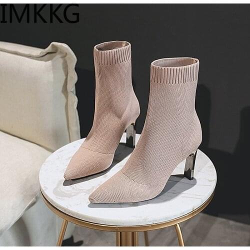 2020 fashion Metal Blade High Heels Socks Boots Women Stretch Fabric Elastic Stilettos Heel Pointed Toe Ankle Boots Woman Boats