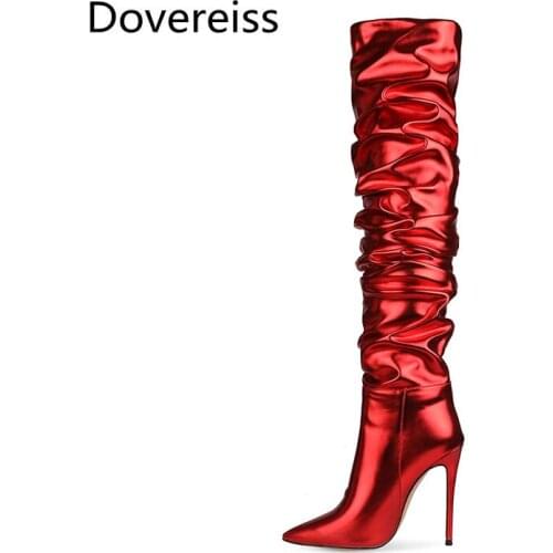 Dovereiss Fashion Womens Shoes Winter Pointed Toe sexy Pure color pink red Stilettos Heels new Ladies Boots Knee High Boots 47