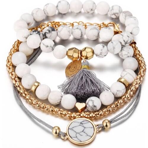 2021 Womens Fashion Jewelry Round Love Heart Beaded Marble Pendant Womens Chain Bracelet Silver Punk Simple 4 Gifts