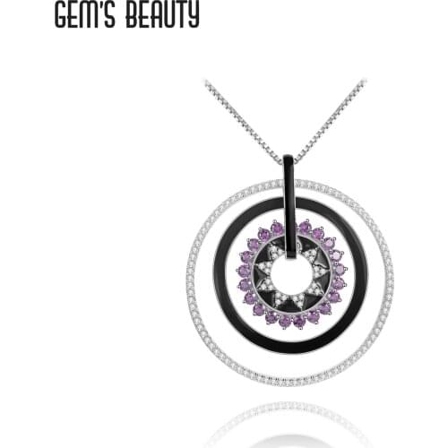 GEMS BEAUTY 925 Sterling Silver Sun Totem Pendant For Women Classic Round Enamel Amethyst Handmade Fashion Jewelry Necklace