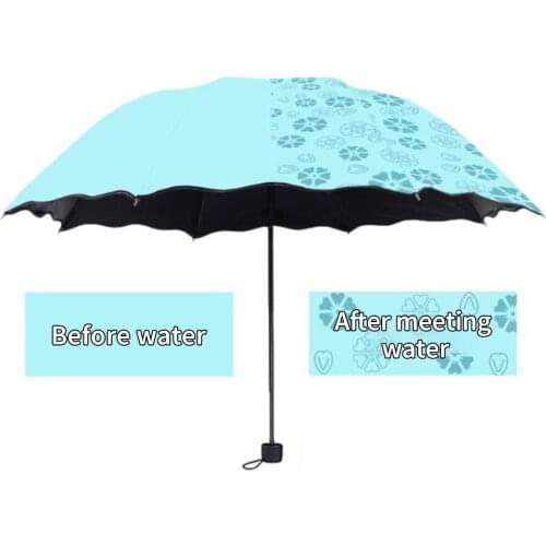 Ladies' Sunshine Umbrella Blossoms in Water Changes Color Parasol Umbrella Triple Fold Black Rubber Sunscreen UV Woman Umbrellas