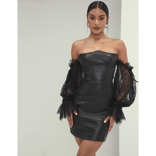 Womens Fashion One Neck Bodycon Black PU Dress Sexy Lace Mesh Gauze Puff Sleeve Mini Hip-lifting Club Nightclub Prom Dresses