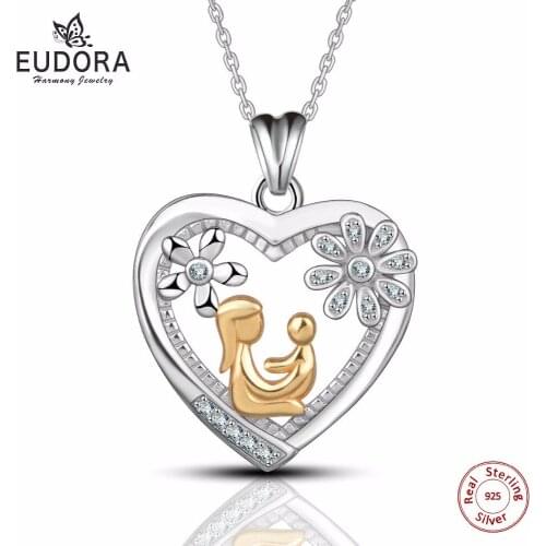 Eudora Real 100% 925 Sterling Silver Golden Mom Hold Baby Crystal Heart Pendant daughter Necklace for Women Fashion Jewelry D059