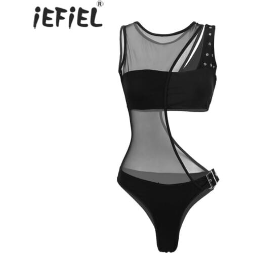 Women Transparent See Through Hollow Out Bodysuit Catsuit Jumpsuit Sleeveless Design Mesh Overlay Swimsuit Swimwear Bathing Suit
