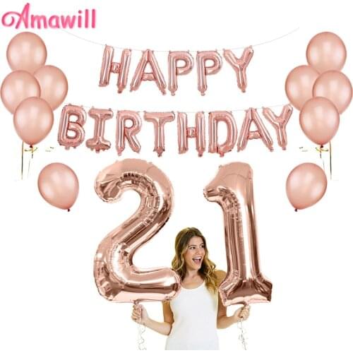 Amawill Rose Gold Happy Birthday Banner Foil Balloons 21 Years Old Birthday Party Decoration Adult 21st Anniversary Supplies 7D