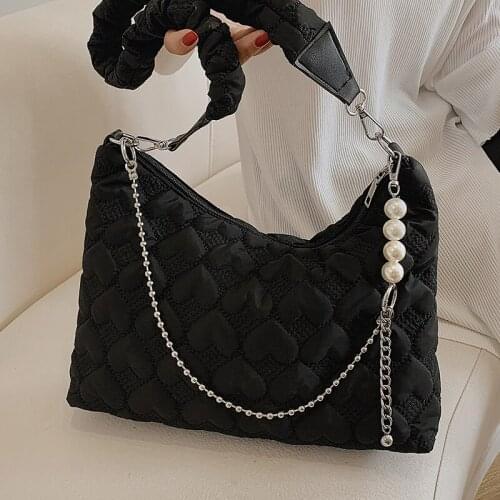 White Designer Shoulder Bags for Women Casual Down Feather Handbags Sweet Heart Ladies Messenger Bag Pearl Chain Crossbody Bags