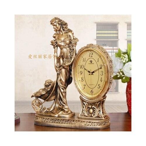 Living room mute seat clock large table bell goddess craft clock creative pendulum vintage luxury timepiece sculptures room