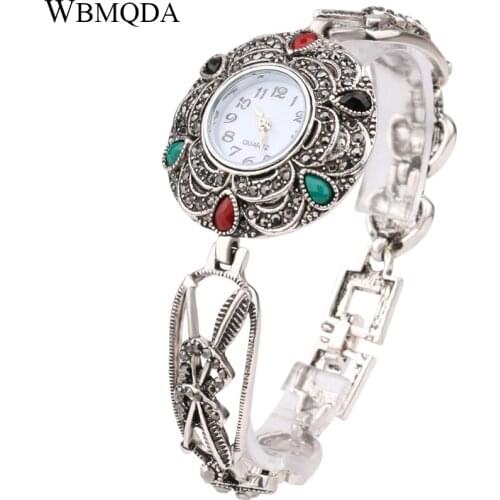 Boho Watches Vintage Crystal Silver Color Heart Flower Feather Metal Watch Bracelets Bangles For Women Fashion Jewelry
