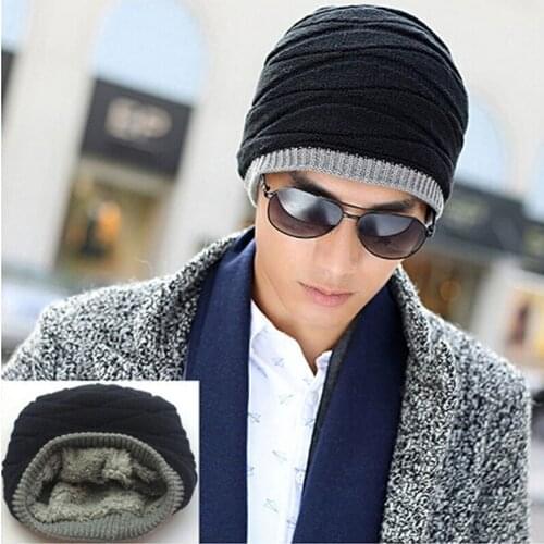Black Double-Layer Acrylic Velvet Beanie Hat Winter Warm Male Knitted Caps Outdoor Sports Ski Cap Bonnet Stocking Hats