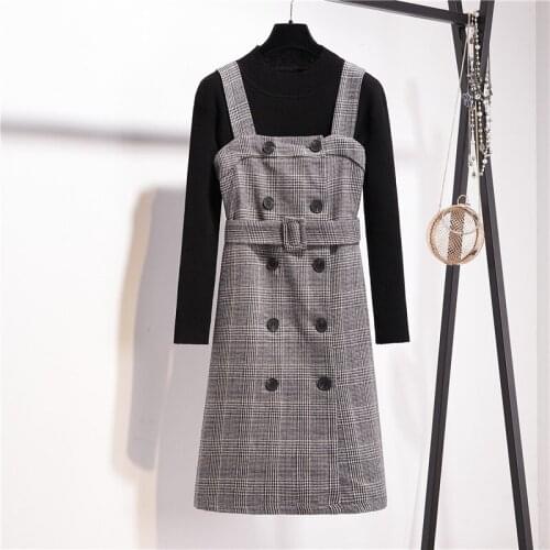 Women Two Pieces Set Overalls Dress 2020 Winter Vintage Wool Plaid Suspenders Double-Breasted Sashes Dresses + Black Sweater Top