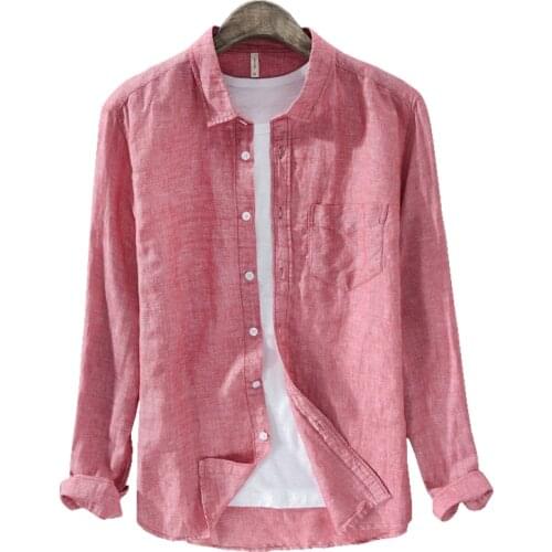 Cotton Linen Casual Long Sleeve Shirts for Men Slim Fit Vintage Single Pocket Tops Male Turn-down Collar Clothing