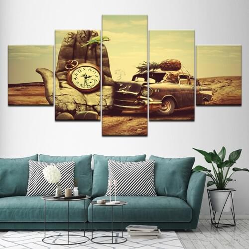 Canvas Painting stone hand of time cat driving car 5 Pieces Wall Art Painting Modular Wallpapers Poster Print Home Decor