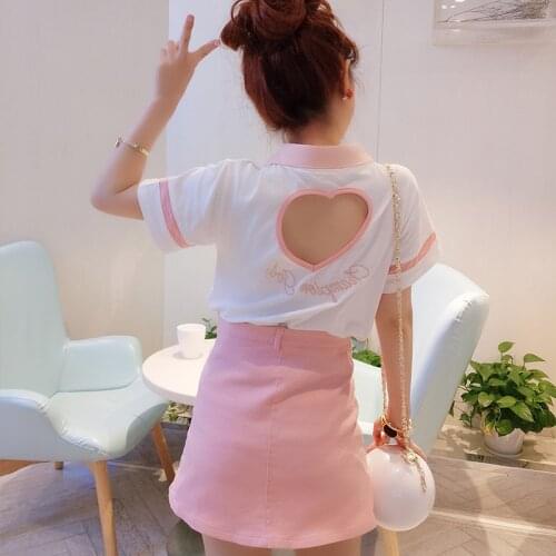 Two Piece Set Women Summer White T-Shirt Pink Skirt Kawaii Girls Cute 2 Piece Outfits Sweet Love Hollow Out Letter Embroidery