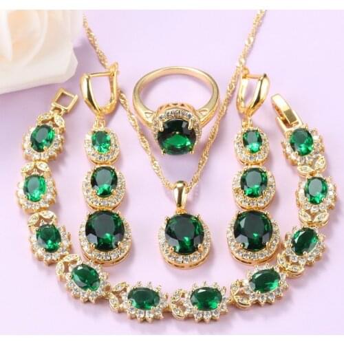 African Beaded Wedding Jewelry Set Gold-Color Green Cubic Zirconia Necklace Long Earrings Bracelet And Ring Women Sets