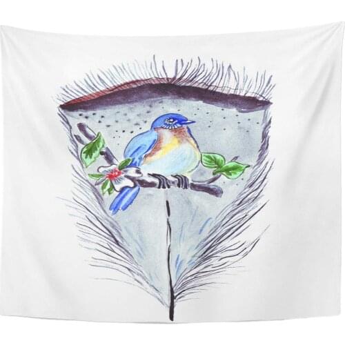 Colorful Air Sketch Lush Gray Bird Feather with Hair on The of Branch Drawing White Artistic Tapestry Home Decor Wall Hanging