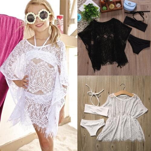 1-6T Girls 3pieces Swimsuits Set Kids Baby Girls Swimsuit Swimming Beach Dress Girls Swimwear Flower Lace Beachwear Bikini Set