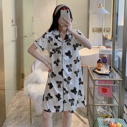 Summer Nightwear Printed Bear Sexy Nightgown Loose Sleepshirt Short Sleeve Casual Sleepwear Lapel Nightdress Home Dressing Gown
