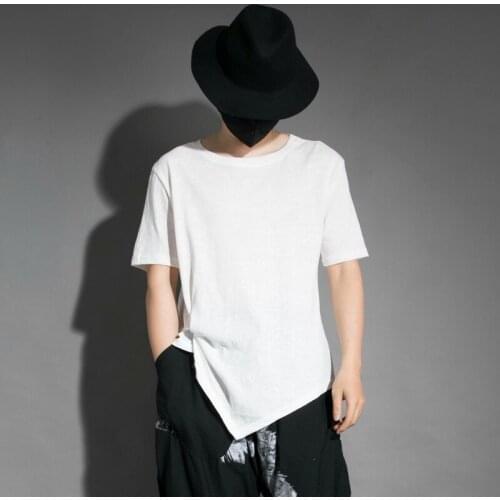 Summer thin cotton and linen asymmetrical knotted trend personality design casual loose short-sleeved T-shirt men