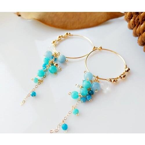 Lii Ji Genuine Aquamarine Apatite Amazonite Moonstone Hoop Earrings 925 Sterling Silver 18K Gold Plated Handmade Earrings