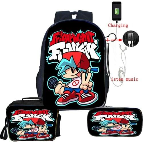 Mochila 3Pcs/Set Friday Night Funkin 16 Inch Usb Backpack Lunch Bag Pen bag Kids Schoolbag Children Bookbag Boys Girls Rucksack