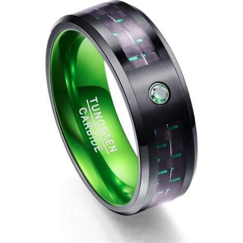 Mens 8mm Tungsten Carbide Ring Green Carbon Fiber Comfort Fit Wedding Band Tungsten Steel Ring Size 7 to 12