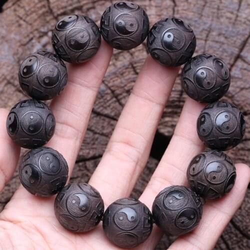 Ebony Mens Wooden Bracelet Symbol of Philosophy Male Bracelet Symbol of Divination 20mm Black Wooden Bead Bracelet
