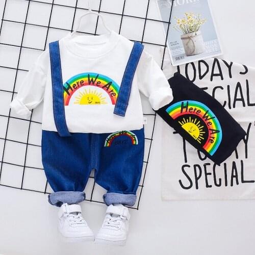 New Toddler Girl Clothes 2pcs Set Rainbow Print Long Sleeve Sweater Tops+Overalls Denim Pants Fashion Cool Baby Boy Clothes 0-3Y