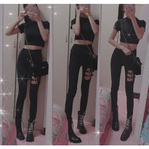 Skinny Pencil Pants Women Rock Punk Heart-shaped Metal Buckle Belt Stitching Hollow Out Black Sexy Dancer Pants Gothic Girls