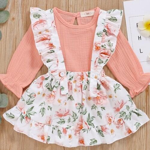 2 Pcs Baby Girls Solid Color Petal Sleeve Round Neck Top Suspender Sleeveless Floral Printed Skirt Fashion Cotton Sets