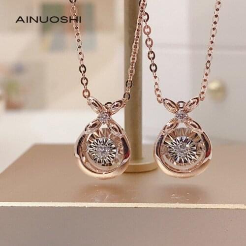 AINUOSHI 18K Gold Round Cut 0.042 Carat Natural Diamond Drop shape Dancing Pendant Necklace Women Dazzling Jewelry Gift 18