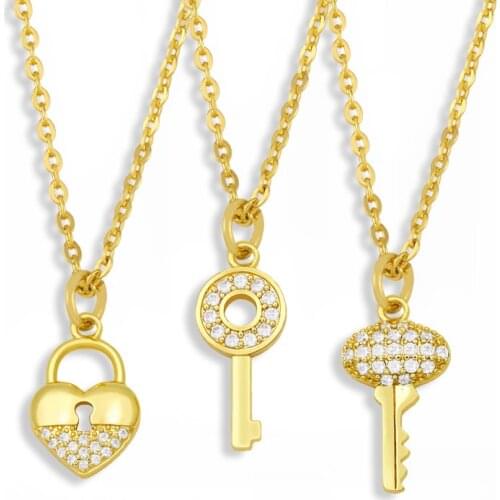 FLOLA Small Heart Padlock Necklace For Women Gold Plated Key Pendant Necklace CZ Cubic Zirconia Trendy Jewelry Gifts nkeu47